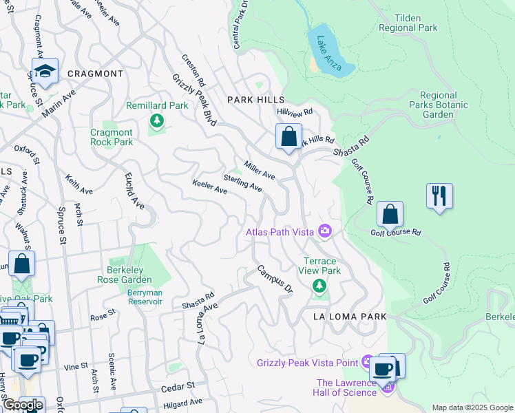 map of restaurants, bars, coffee shops, grocery stores, and more near 2881 Shasta Road in Berkeley