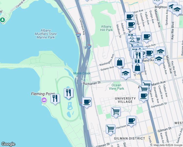 map of restaurants, bars, coffee shops, grocery stores, and more near 700 Solano Avenue in Albany