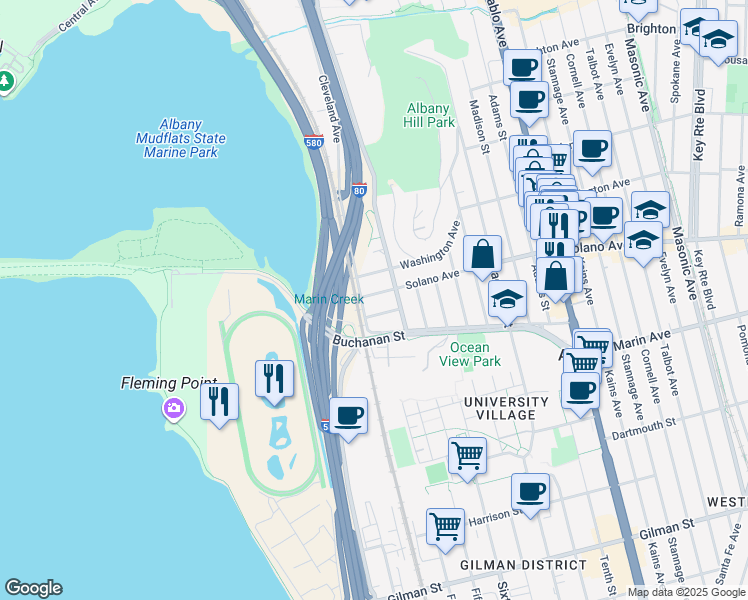 map of restaurants, bars, coffee shops, grocery stores, and more near 702 Solano Avenue in Albany