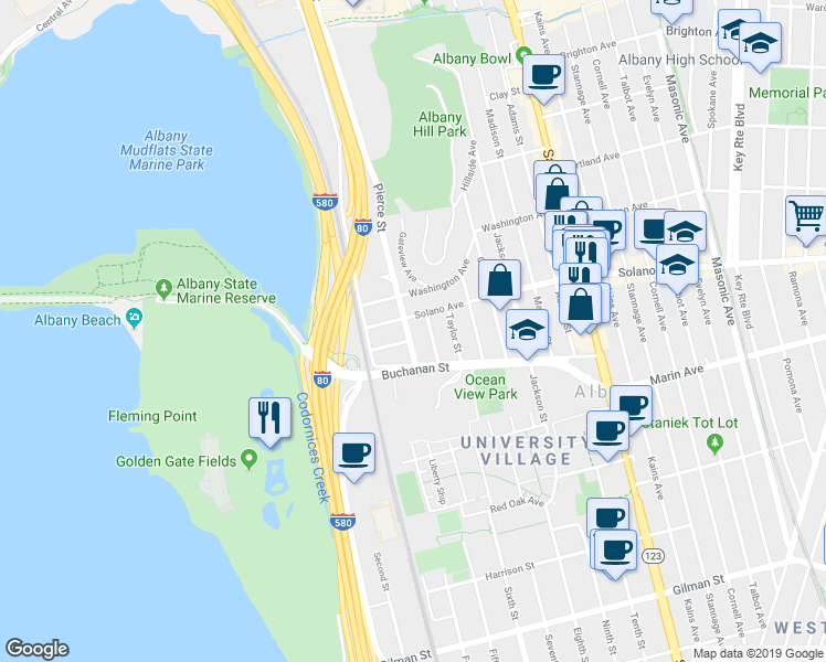 map of restaurants, bars, coffee shops, grocery stores, and more near 909 Pierce Street in Albany