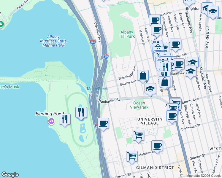 map of restaurants, bars, coffee shops, grocery stores, and more near 702 Solano Avenue in Albany