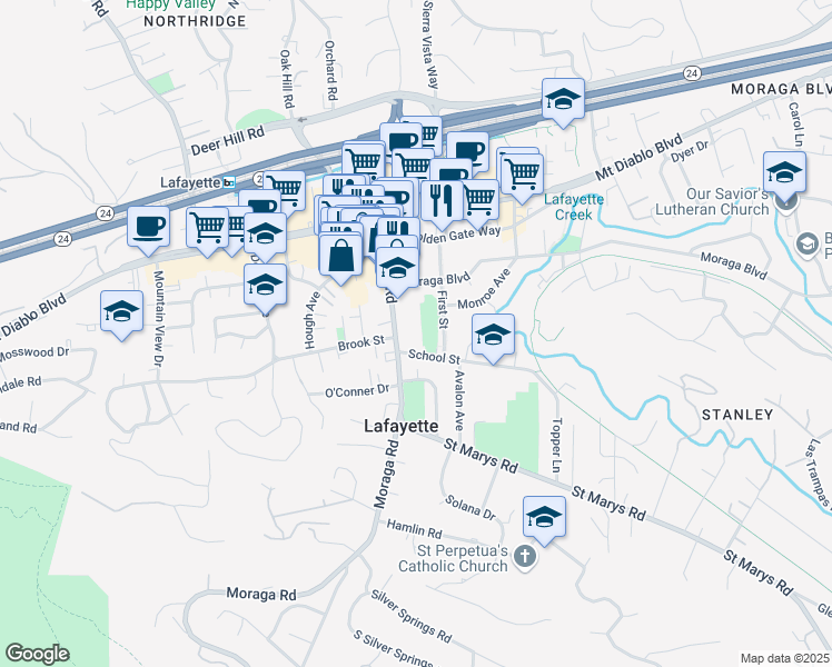 map of restaurants, bars, coffee shops, grocery stores, and more near 922 Moraga Road in Lafayette