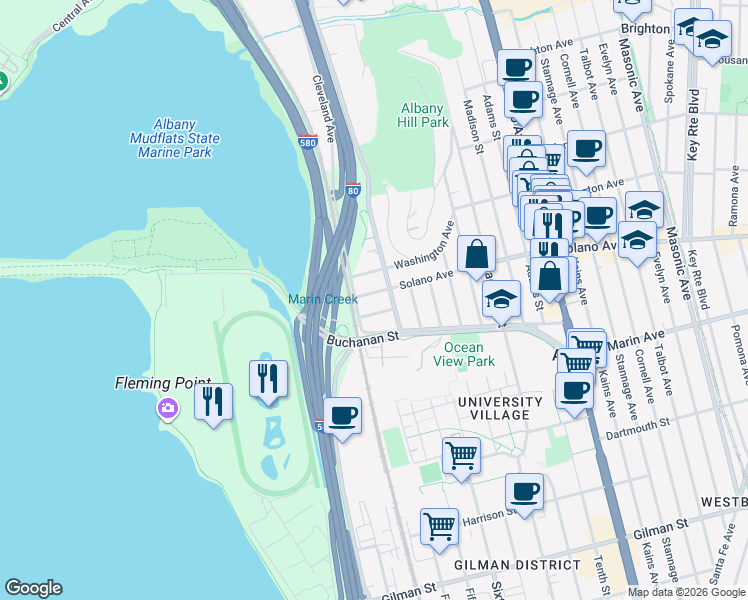 map of restaurants, bars, coffee shops, grocery stores, and more near 708 Solano Avenue in Albany