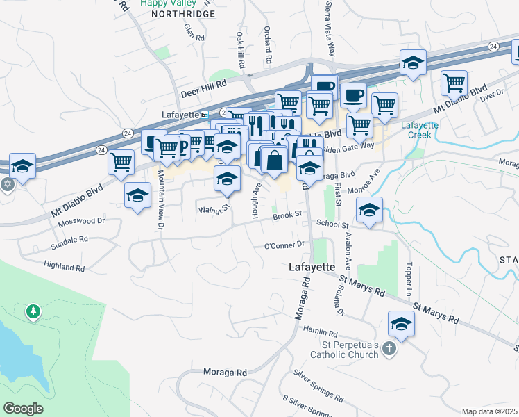 map of restaurants, bars, coffee shops, grocery stores, and more near 3544 Wildwood Lane in Lafayette