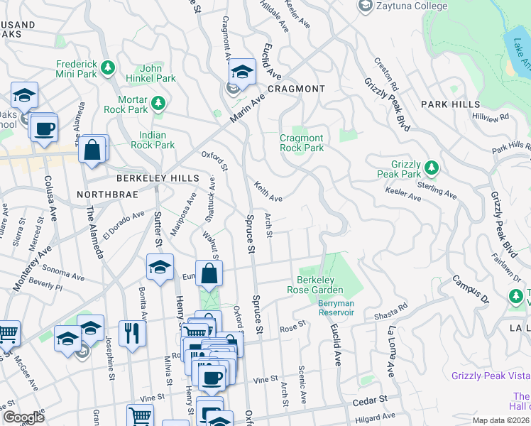 map of restaurants, bars, coffee shops, grocery stores, and more near 1109 Spruce Street in Berkeley