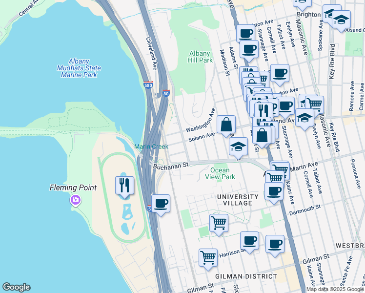 map of restaurants, bars, coffee shops, grocery stores, and more near 909 Pierce Street in Albany
