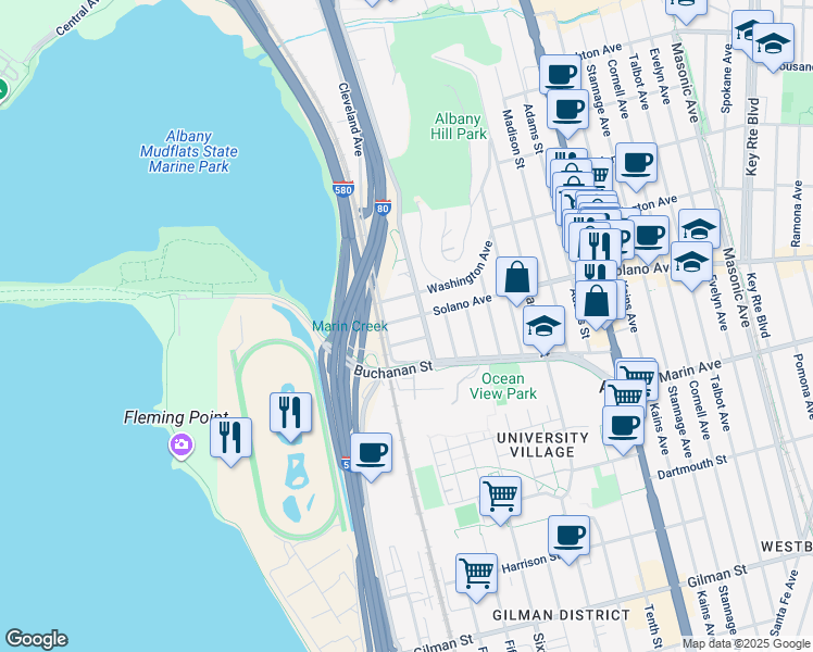 map of restaurants, bars, coffee shops, grocery stores, and more near 700 Solano Avenue in Albany