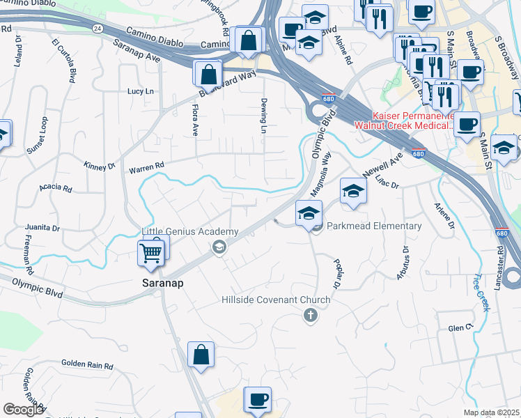 map of restaurants, bars, coffee shops, grocery stores, and more near 2031 Whyte Park Avenue in Walnut Creek