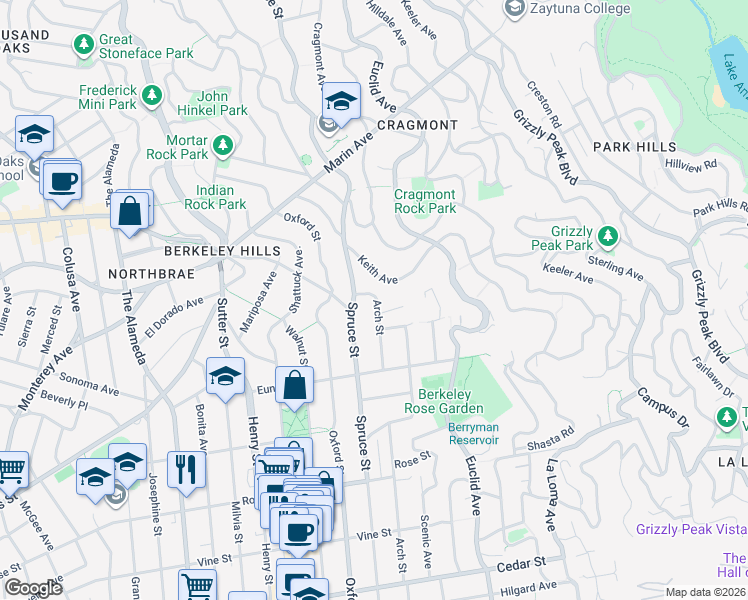 map of restaurants, bars, coffee shops, grocery stores, and more near 1109 Spruce Street in Berkeley