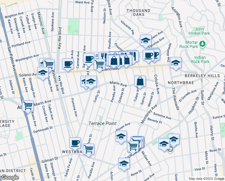map of restaurants, bars, coffee shops, grocery stores, and more near 978 Peralta Avenue in Albany