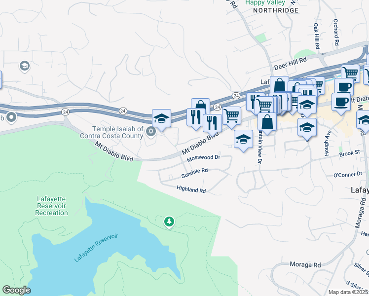 map of restaurants, bars, coffee shops, grocery stores, and more near 3780 Mount Diablo Boulevard in Lafayette