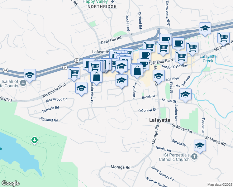map of restaurants, bars, coffee shops, grocery stores, and more near 3600 Walnut Street in Lafayette