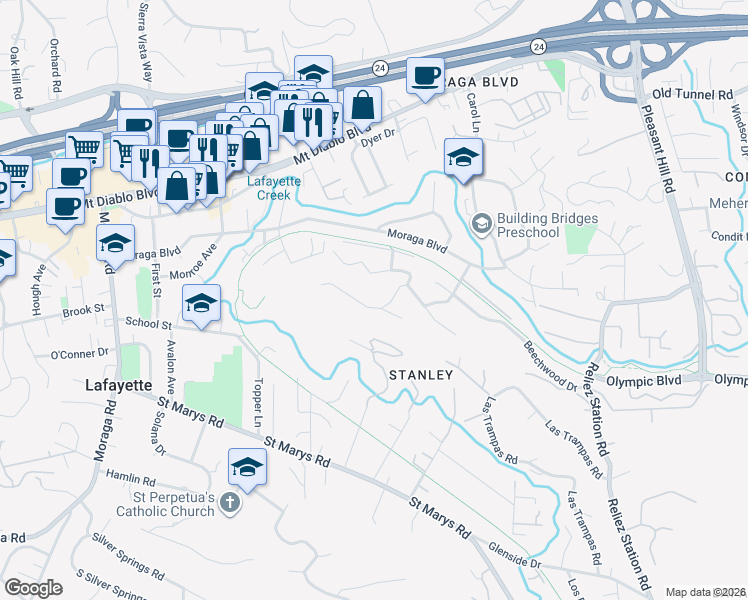 map of restaurants, bars, coffee shops, grocery stores, and more near 981 Hawthorn Drive in Lafayette