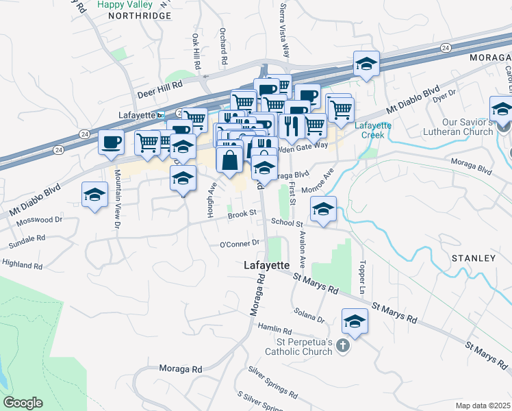 map of restaurants, bars, coffee shops, grocery stores, and more near 922-934 Moraga Road in Lafayette