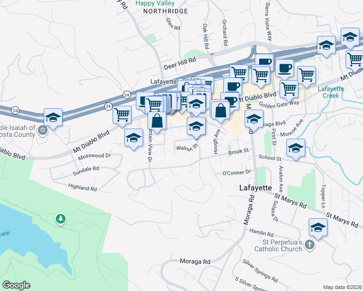 map of restaurants, bars, coffee shops, grocery stores, and more near 3600 Walnut Street in Lafayette