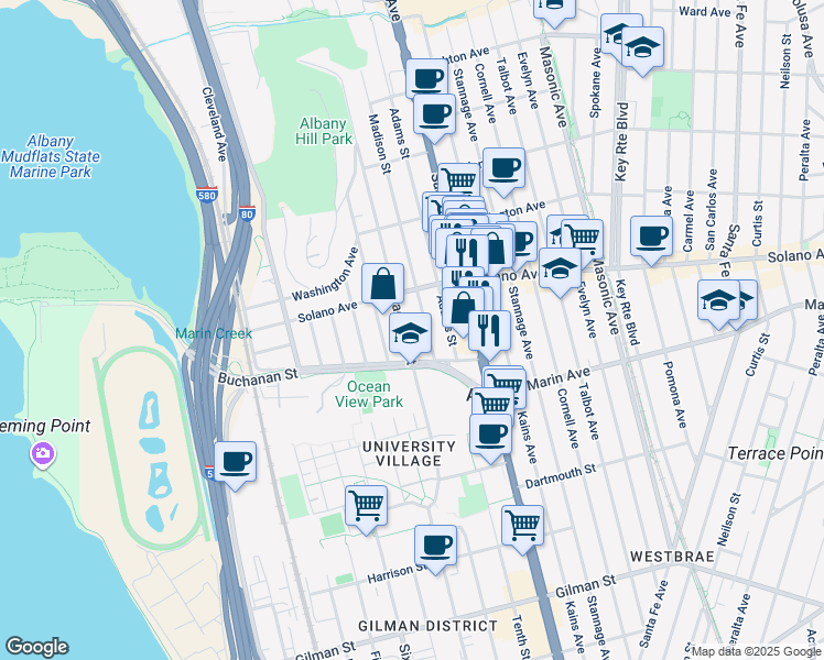 map of restaurants, bars, coffee shops, grocery stores, and more near 933 Jackson Street in Albany