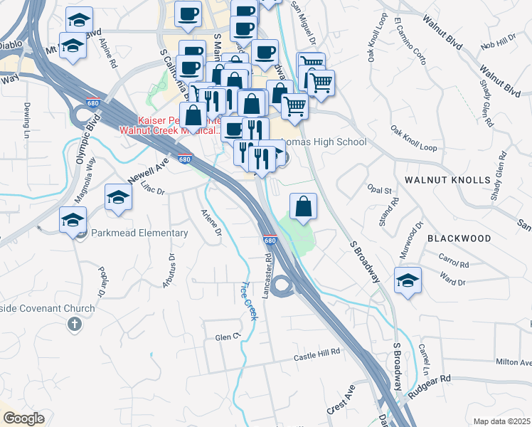 map of restaurants, bars, coffee shops, grocery stores, and more near 1555 South Main Street in Walnut Creek