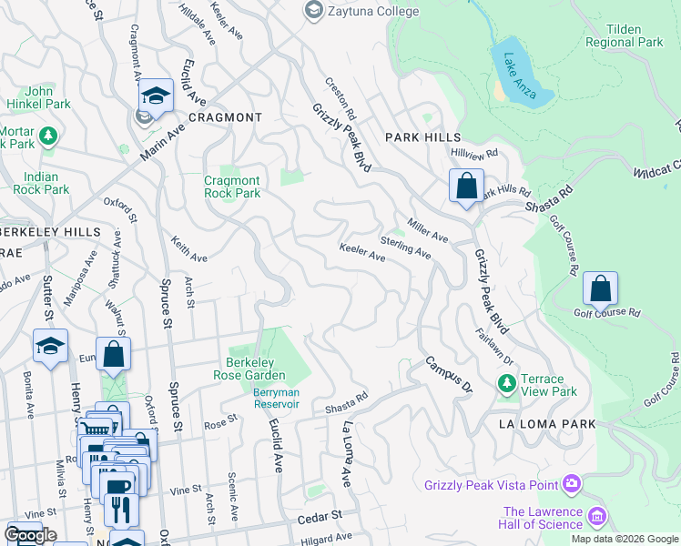 map of restaurants, bars, coffee shops, grocery stores, and more near 1158 Cragmont Avenue in Berkeley