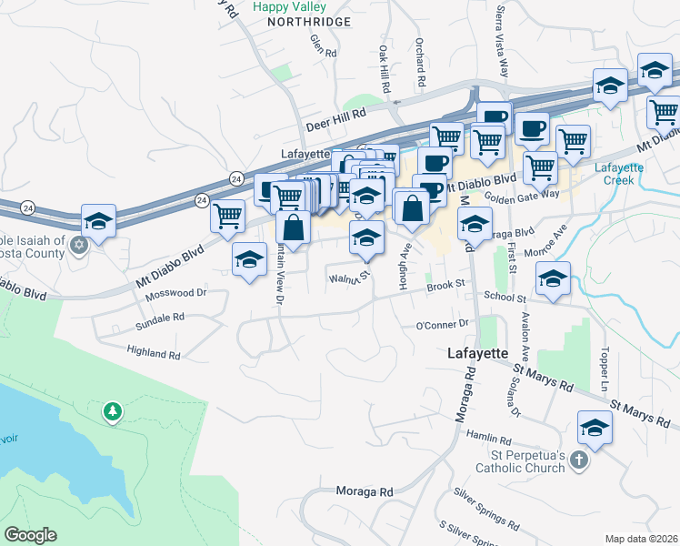 map of restaurants, bars, coffee shops, grocery stores, and more near 3600 Walnut Street in Lafayette