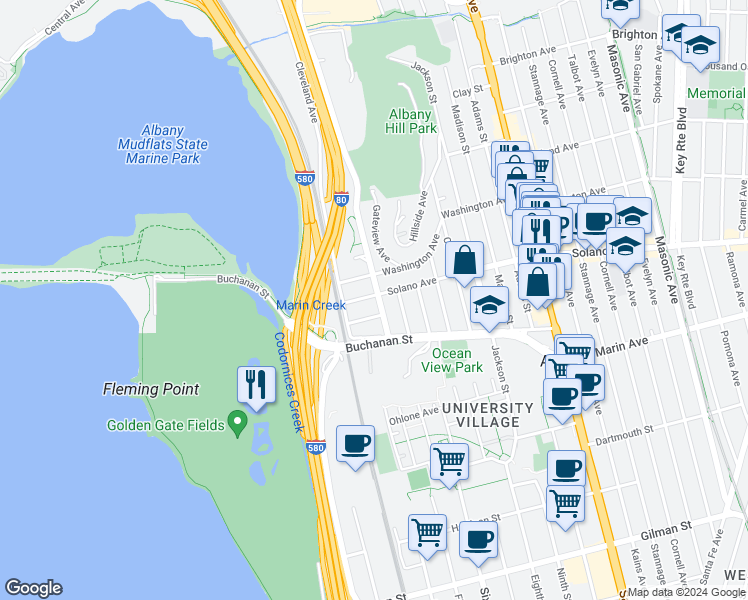 map of restaurants, bars, coffee shops, grocery stores, and more near 726 Solano Avenue in Albany