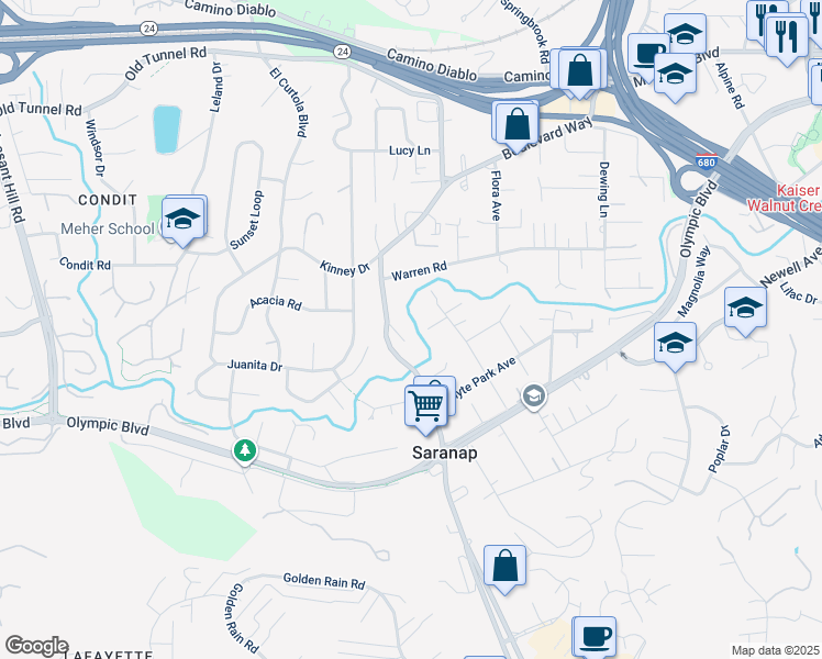 map of restaurants, bars, coffee shops, grocery stores, and more near 30 Boulevard Court in Walnut Creek