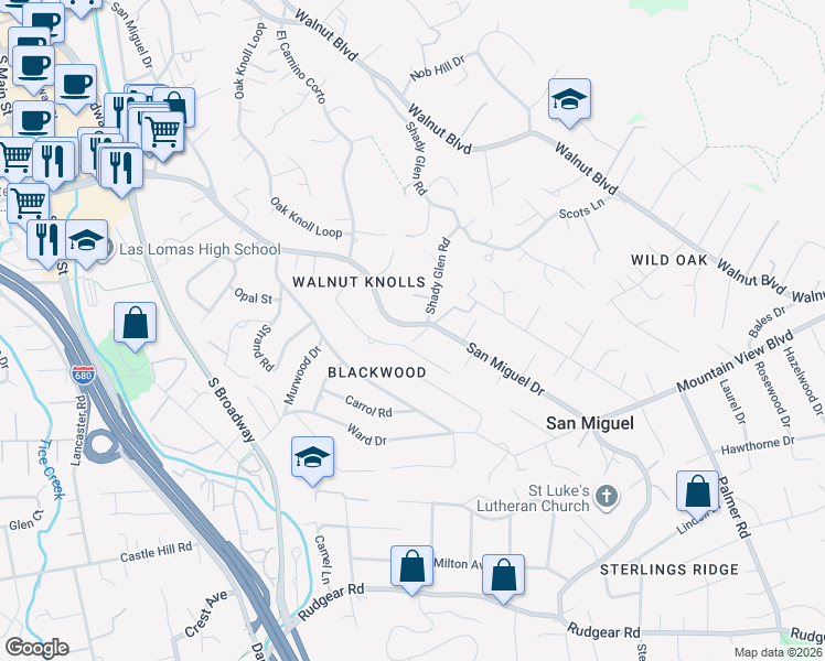 map of restaurants, bars, coffee shops, grocery stores, and more near 2095 San Miguel Drive in Walnut Creek