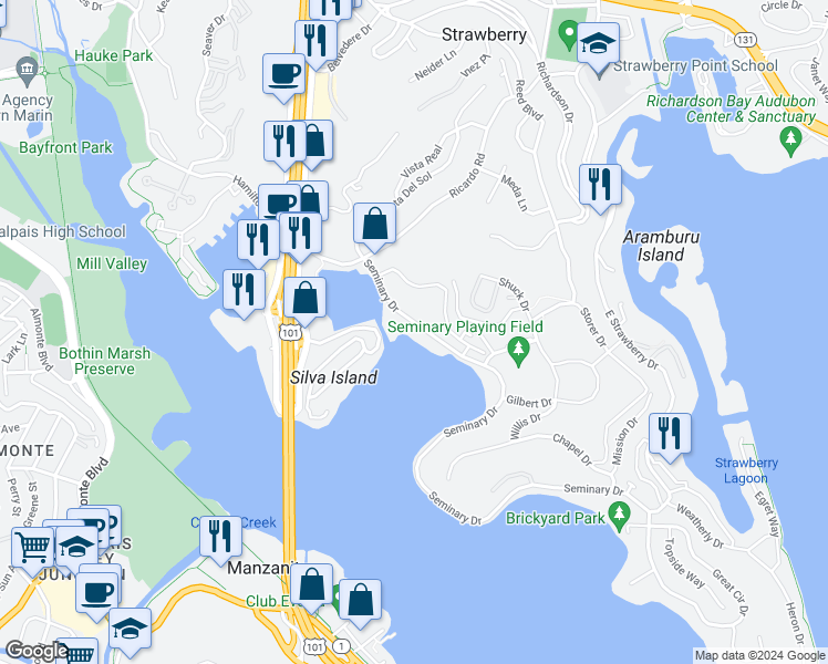 map of restaurants, bars, coffee shops, grocery stores, and more near 110 Seminary Drive in Mill Valley