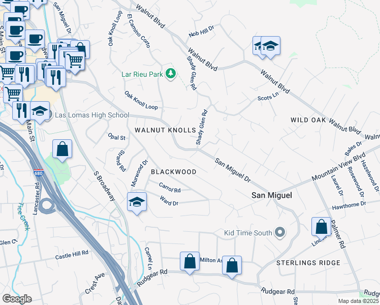 map of restaurants, bars, coffee shops, grocery stores, and more near 2095 San Miguel Drive in Walnut Creek