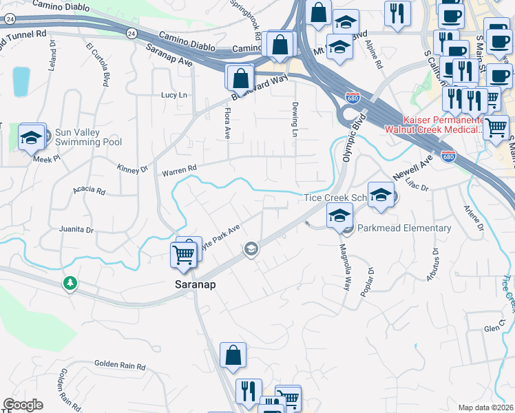 map of restaurants, bars, coffee shops, grocery stores, and more near 453 Bridge Road in Walnut Creek