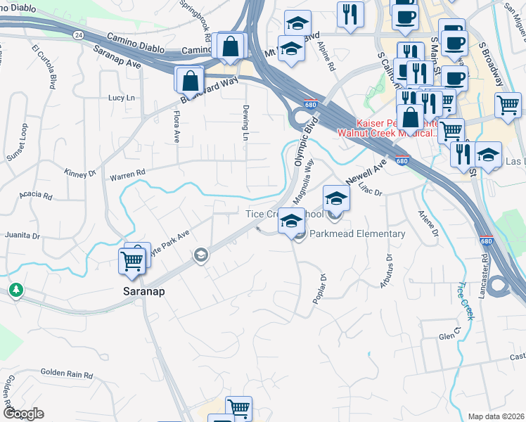 map of restaurants, bars, coffee shops, grocery stores, and more near 1222 South Villa Way in Walnut Creek