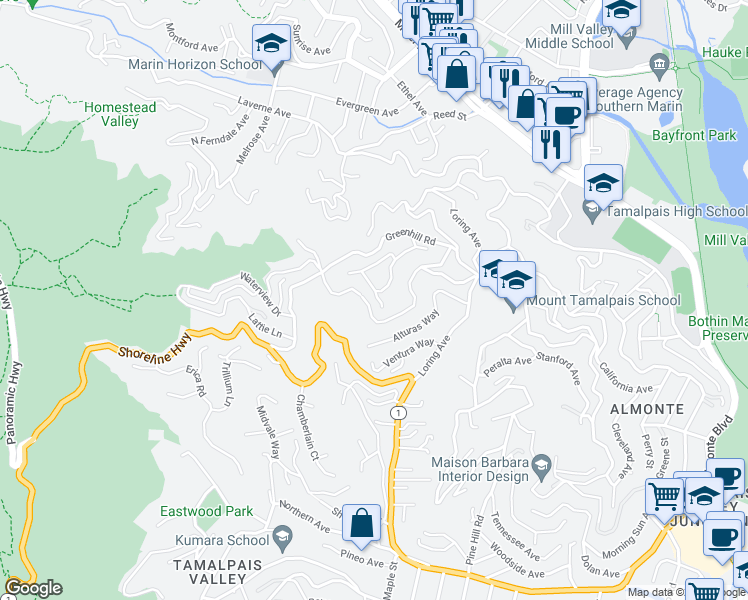 map of restaurants, bars, coffee shops, grocery stores, and more near 902 Valley View Lane in Mill Valley