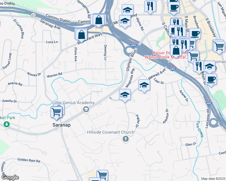 map of restaurants, bars, coffee shops, grocery stores, and more near 1221 South Villa Way in Walnut Creek