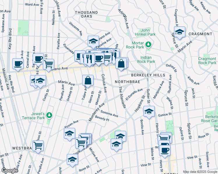 map of restaurants, bars, coffee shops, grocery stores, and more near 1814 Marin Avenue in Berkeley