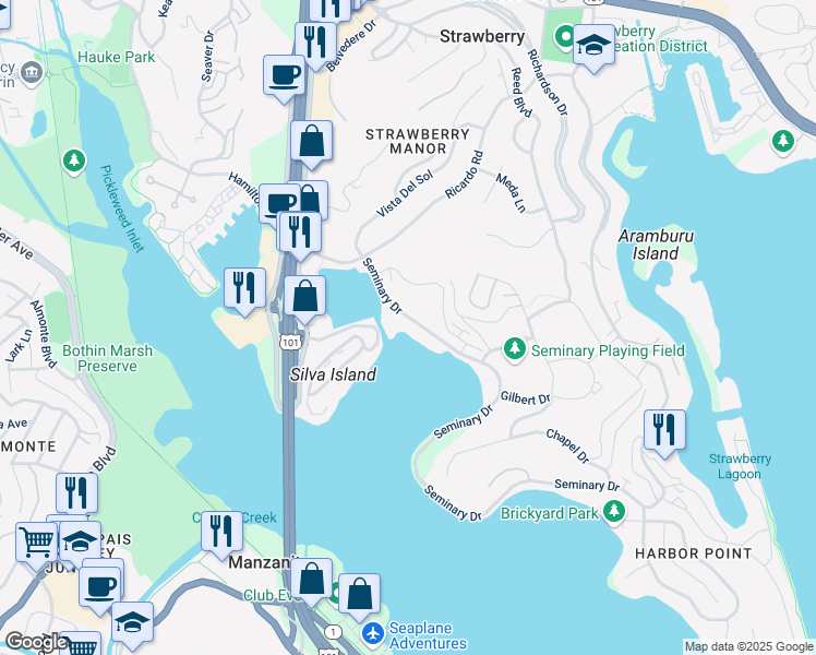map of restaurants, bars, coffee shops, grocery stores, and more near 110 Seminary Drive in Mill Valley