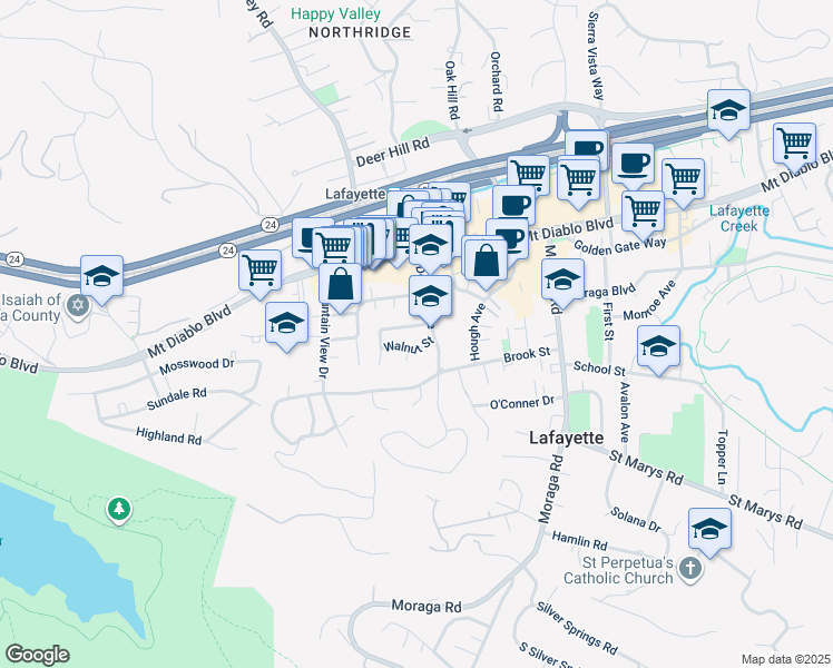 map of restaurants, bars, coffee shops, grocery stores, and more near 3600 Walnut Street in Lafayette