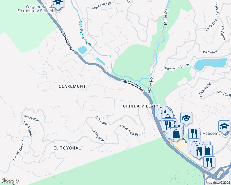 map of restaurants, bars, coffee shops, grocery stores, and more near 134 Canon Drive in Orinda