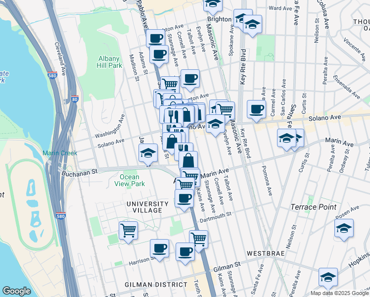 map of restaurants, bars, coffee shops, grocery stores, and more near 955 San Pablo Avenue in Albany