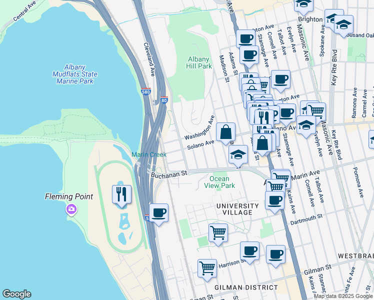 map of restaurants, bars, coffee shops, grocery stores, and more near 909 Pierce Street in Albany