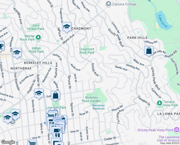 map of restaurants, bars, coffee shops, grocery stores, and more near 1125 High Court in Berkeley
