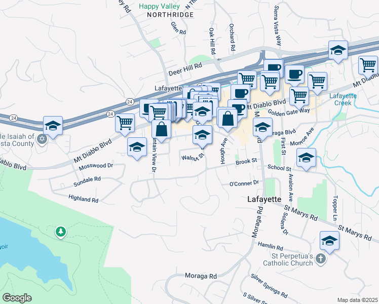 map of restaurants, bars, coffee shops, grocery stores, and more near 3615 Chestnut Street in Lafayette