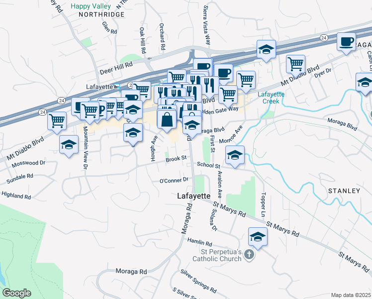 map of restaurants, bars, coffee shops, grocery stores, and more near 922-934 Moraga Road in Lafayette