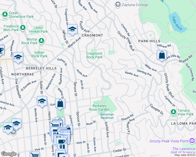 map of restaurants, bars, coffee shops, grocery stores, and more near 1125 High Court in Berkeley