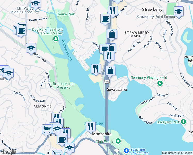 map of restaurants, bars, coffee shops, grocery stores, and more near 591 Redwood Highway Frontage Road in Mill Valley