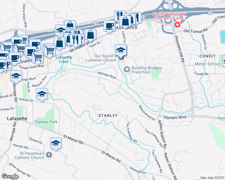 map of restaurants, bars, coffee shops, grocery stores, and more near 3347 Beechwood Drive in Lafayette