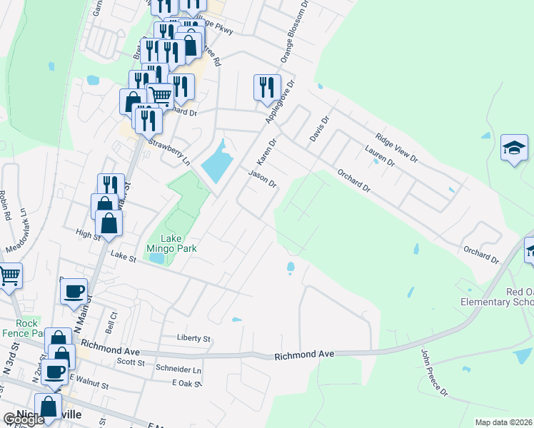 map of restaurants, bars, coffee shops, grocery stores, and more near 268 Jason Drive in Nicholasville
