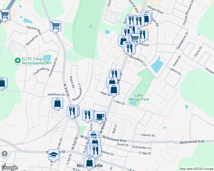 map of restaurants, bars, coffee shops, grocery stores, and more near 116 Jessamine Avenue in Nicholasville