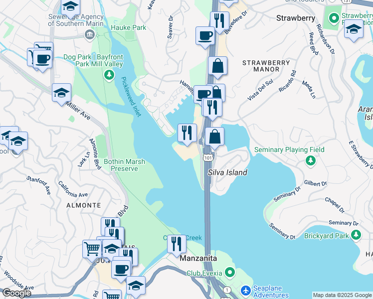 map of restaurants, bars, coffee shops, grocery stores, and more near 591 Redwood Highway Frontage Road in Mill Valley