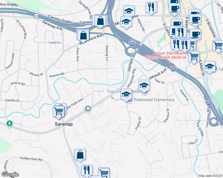 map of restaurants, bars, coffee shops, grocery stores, and more near 2031 Whyte Park Avenue in Walnut Creek