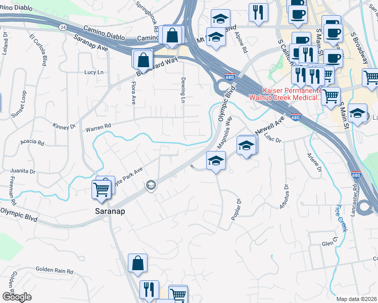 map of restaurants, bars, coffee shops, grocery stores, and more near 2031 Whyte Park Avenue in Walnut Creek