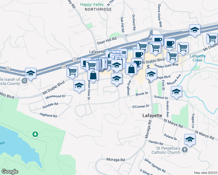 map of restaurants, bars, coffee shops, grocery stores, and more near 3600 Walnut Street in Lafayette